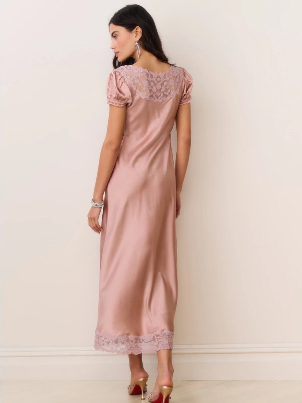 LoveShackFancy Blush Dusty Rose Satin Midi Dress with Lace Trim - Picture 3 of 3